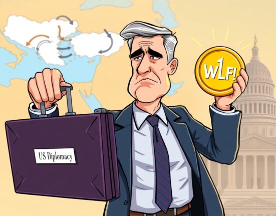 A cartoon diplomat juggling diplomatic duties and cryptocurrency holdings, illustrating a potential crypto conflict of interest.