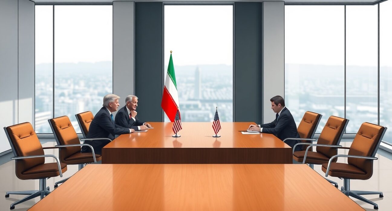 U.S. envoys Witkoff and Kushner in diplomatic talks with Iranian foreign minister in a conference room.