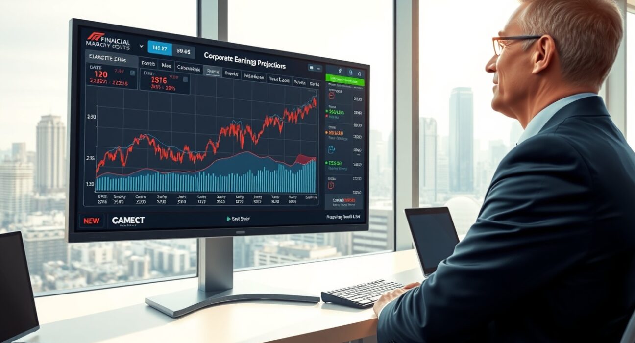 Financial analyst reviews US stock market and earnings projection charts for the 2025 outlook-driven season.