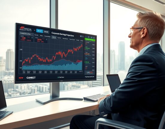 Financial analyst reviews US stock market and earnings projection charts for the 2025 outlook-driven season.