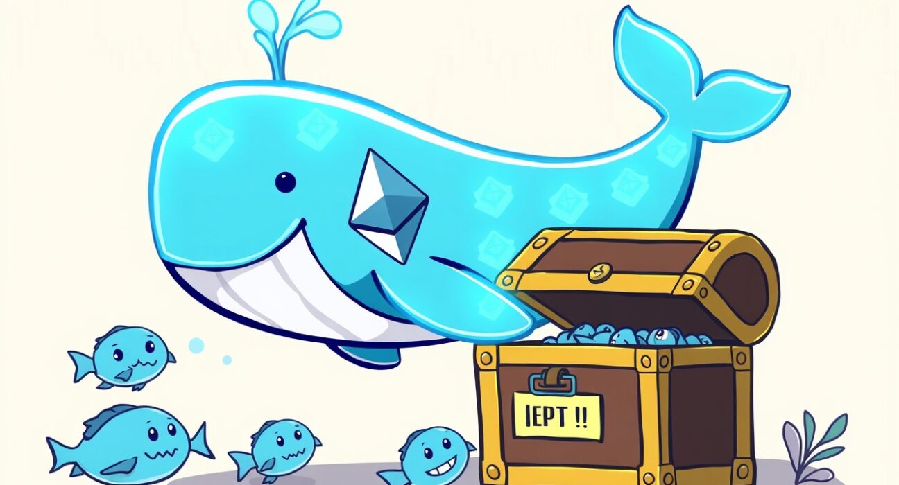 Cartoon illustration of ETH spot ETFs attracting massive investment like a whale entering a treasure chest.