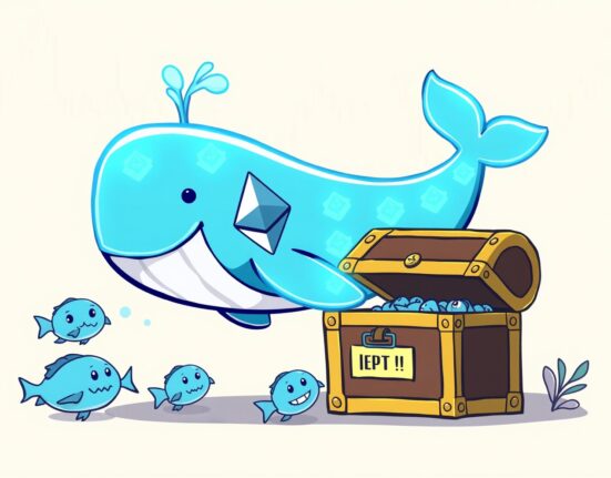 Cartoon illustration of ETH spot ETFs attracting massive investment like a whale entering a treasure chest.