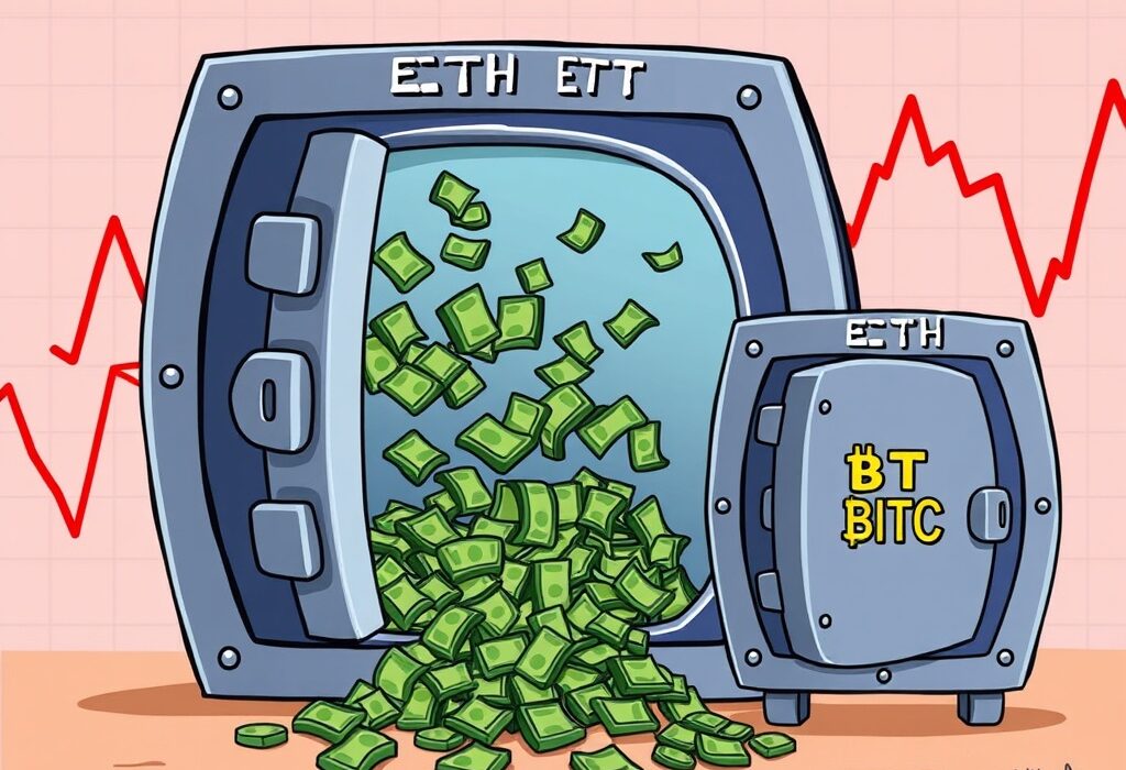 A cartoon showing money exiting US ETH spot ETFs, illustrating the record outflows.