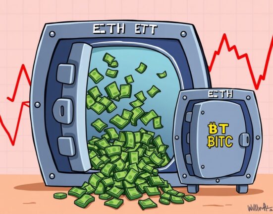 A cartoon showing money exiting US ETH spot ETFs, illustrating the record outflows.