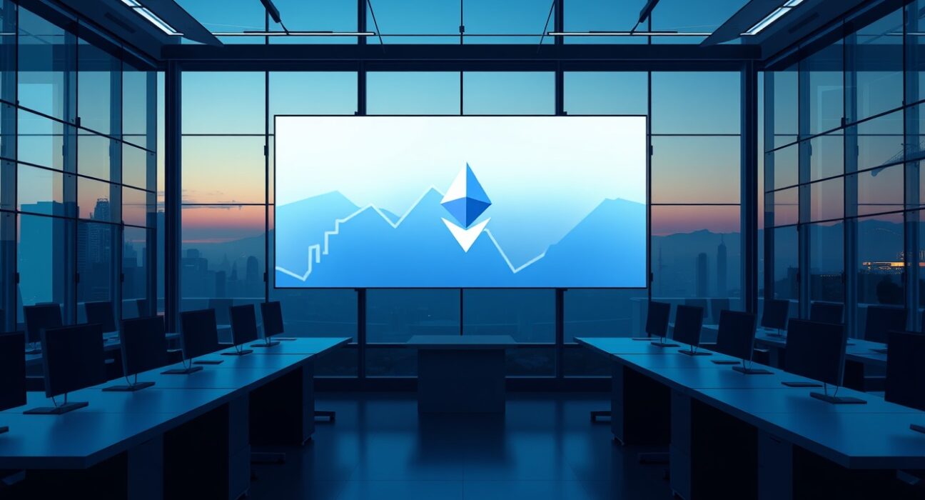 Analysis of Ethereum ETF outflows on a financial trading floor display.