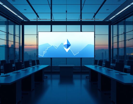 Analysis of Ethereum ETF outflows on a financial trading floor display.