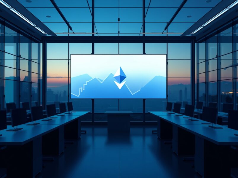 Analysis of Ethereum ETF outflows on a financial trading floor display.