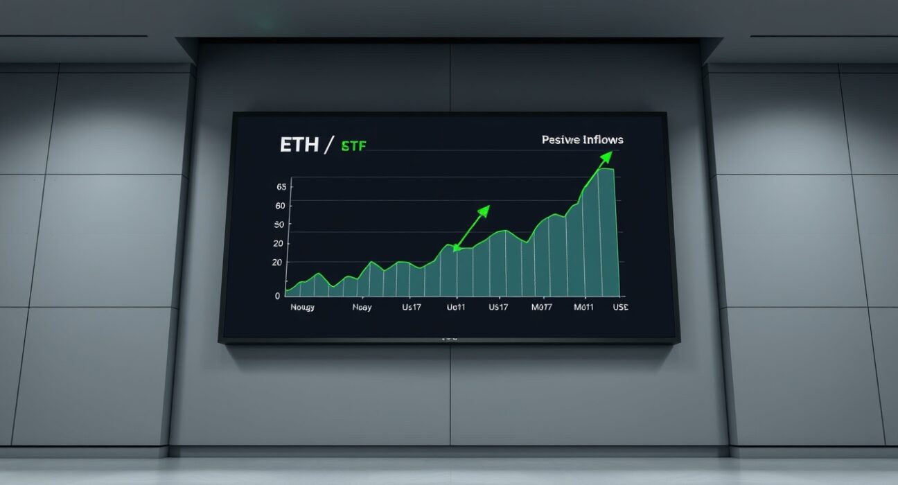 Trading screen showing rising ETH ETF chart with green indicators