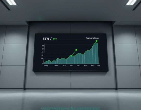 Trading screen showing rising ETH ETF chart with green indicators