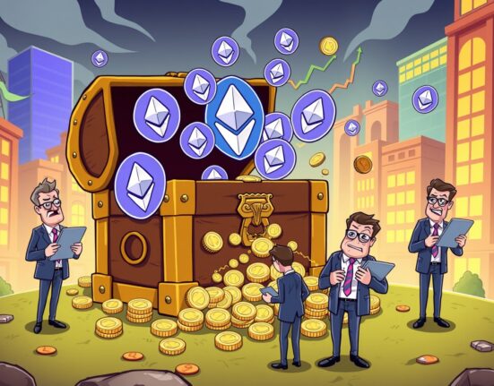 Cartoon illustration showing US Ethereum spot ETFs experiencing investment withdrawals as coins flow from a treasure chest.