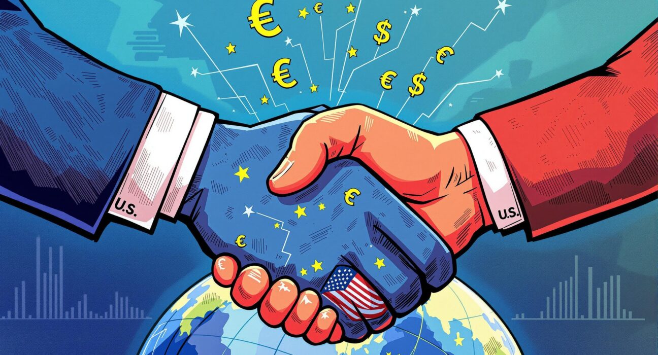 A cartoon illustration symbolizing an imminent US EU trade deal, showing figures shaking hands over a globe, representing global economic cooperation.