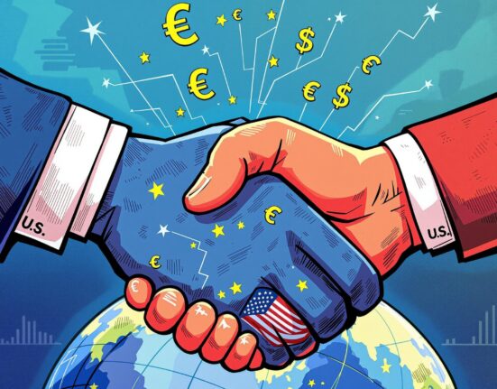 A cartoon illustration symbolizing an imminent US EU trade deal, showing figures shaking hands over a globe, representing global economic cooperation.