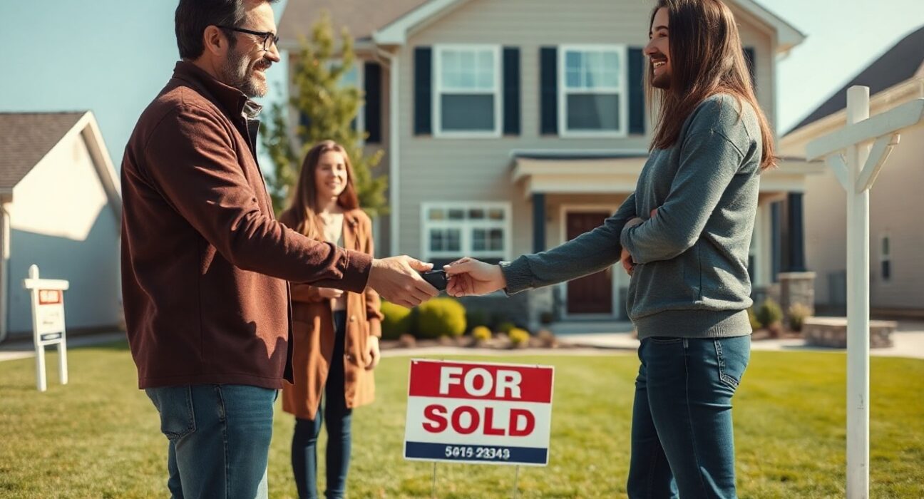 Real estate agent handing keys to new homeowners in front of a sold house
