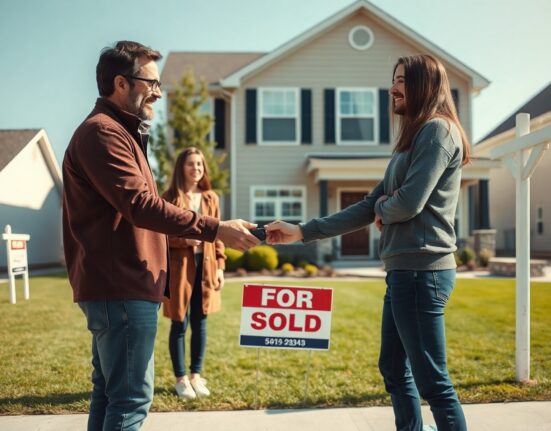 Real estate agent handing keys to new homeowners in front of a sold house