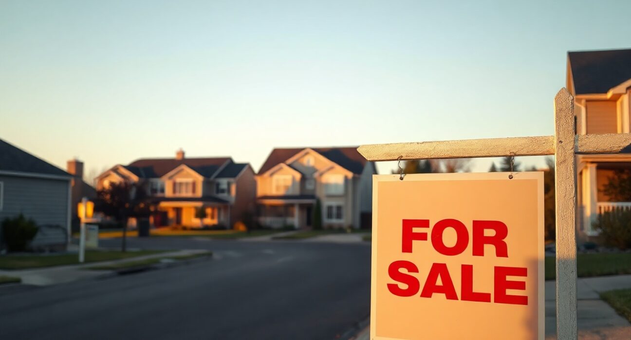 A for sale sign in front of a suburban home, representing the US housing market in July.