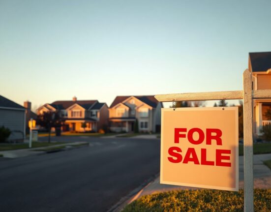 A for sale sign in front of a suburban home, representing the US housing market in July.