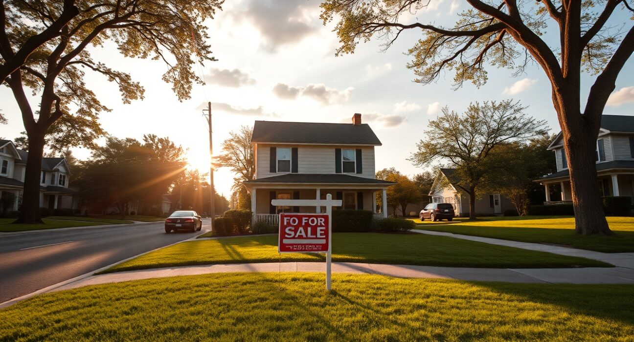 For Sale sign in front of a suburban house during golden hour, representing the US housing market in June.