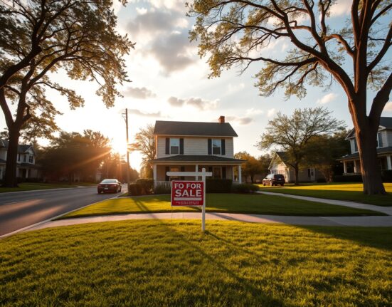 For Sale sign in front of a suburban house during golden hour, representing the US housing market in June.
