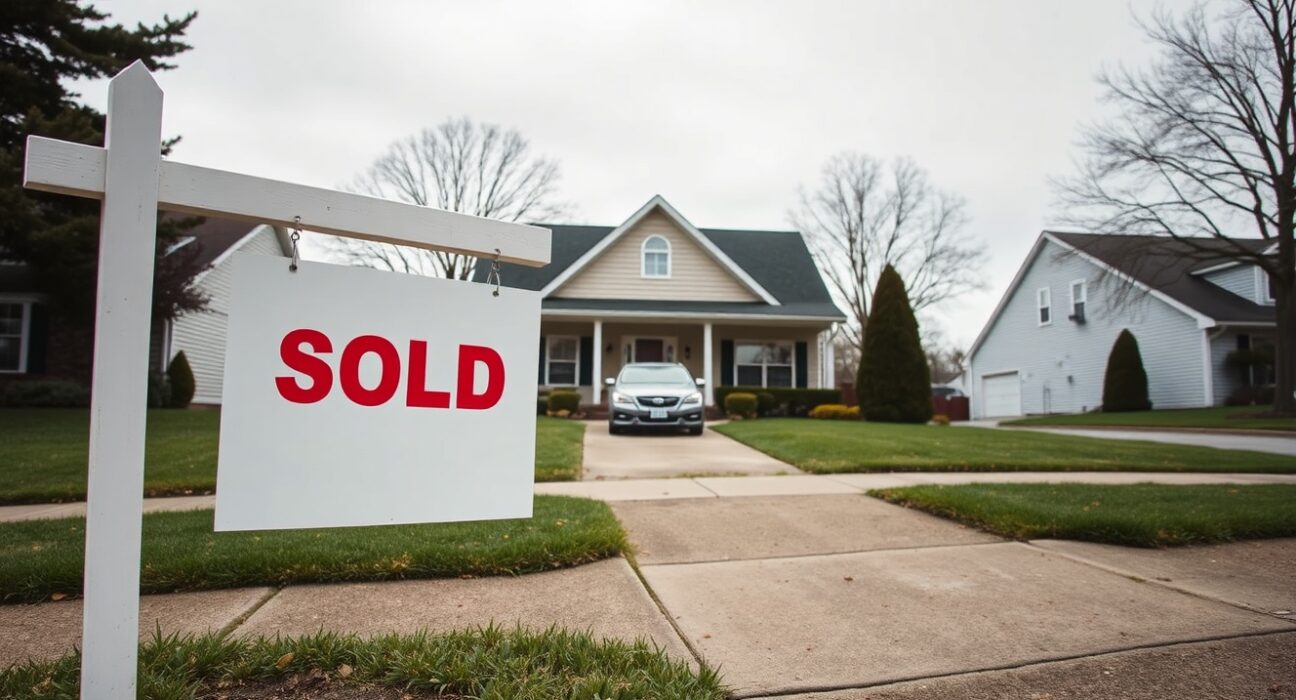 Sold sign in front of a suburban house under overcast sky, representing slower home sales in June.