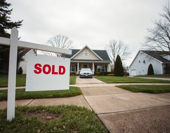 Sold sign in front of a suburban house under overcast sky, representing slower home sales in June.