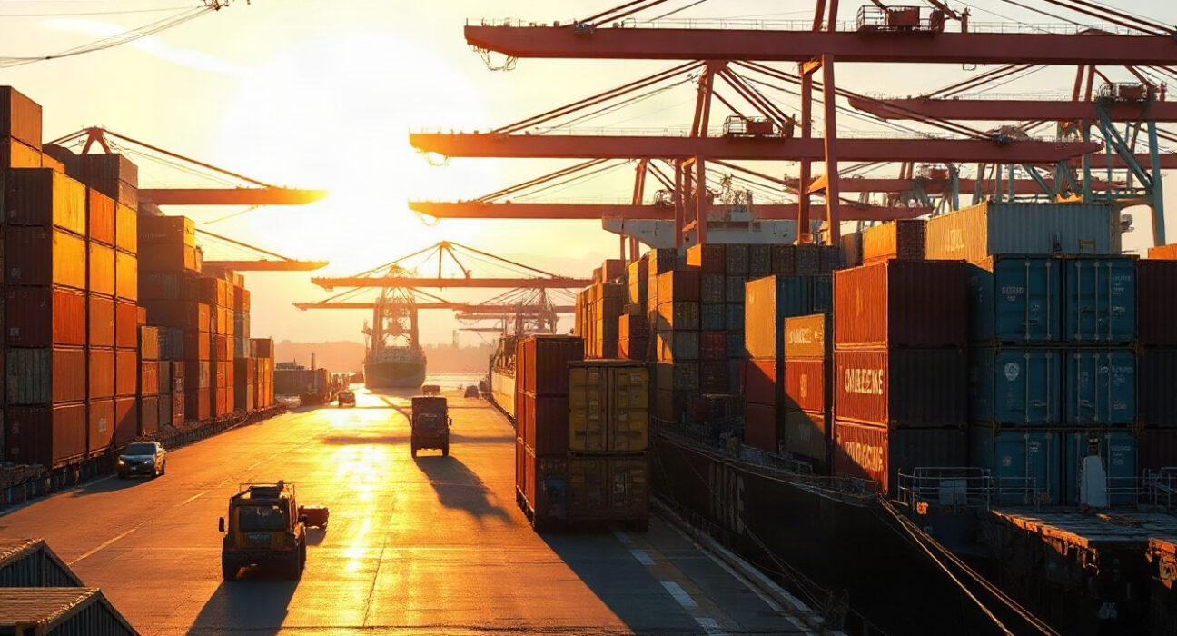 Container ships and cranes at a US port at sunrise, symbolizing export trade activity.