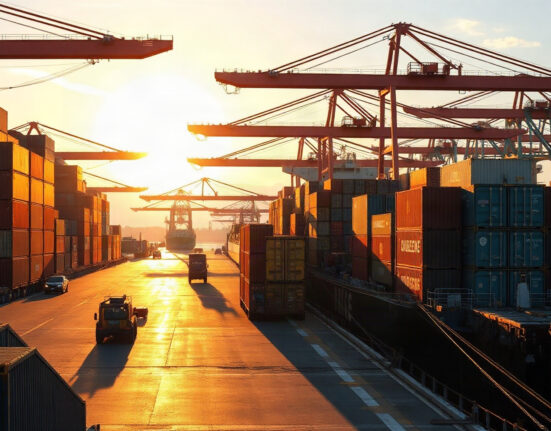 Container ships and cranes at a US port at sunrise, symbolizing export trade activity.