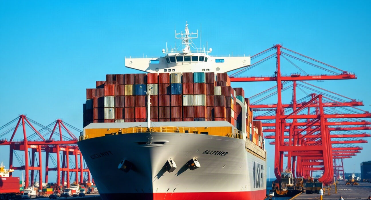 Cargo ship at port with containers, representing US export trade