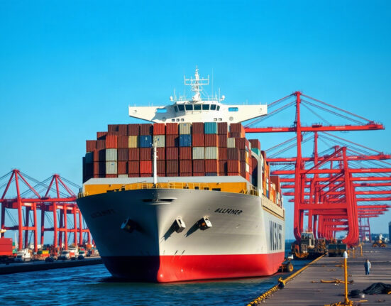 Cargo ship at port with containers, representing US export trade