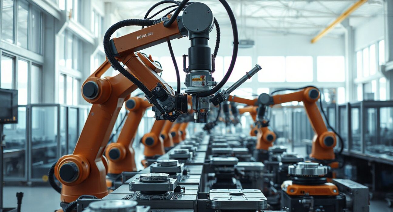 Automated machinery on a factory floor assembling products, representing US manufacturing activity.