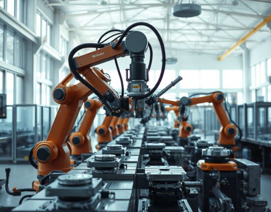 Automated machinery on a factory floor assembling products, representing US manufacturing activity.
