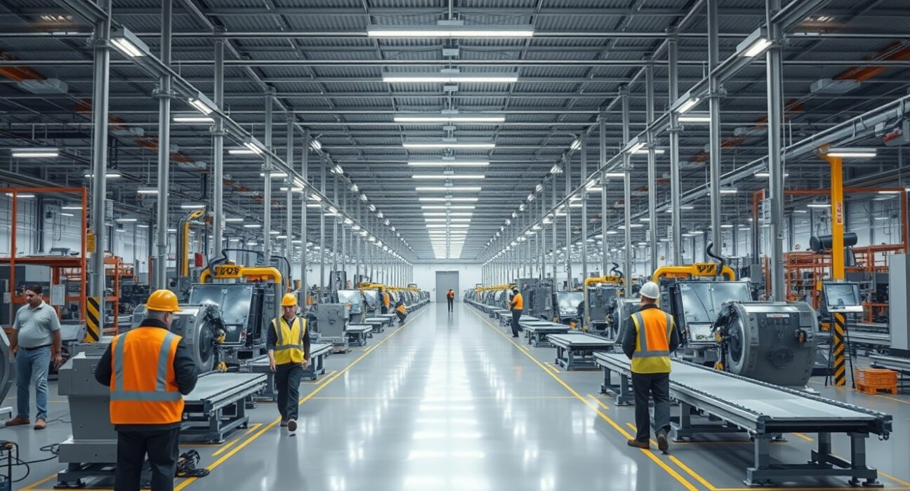 Interior of a modern US factory with workers and machinery under bright lighting.