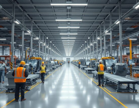 Interior of a modern US factory with workers and machinery under bright lighting.