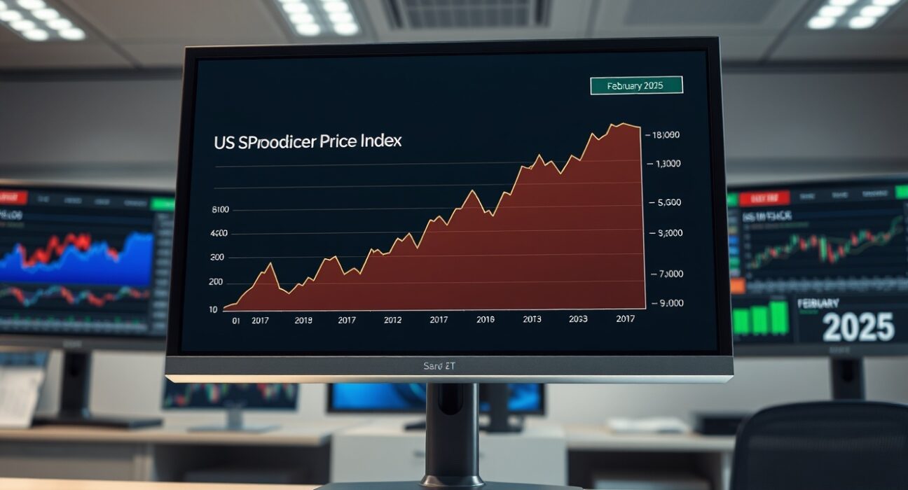 US Producer Price Index data dashboard showing a significant increase for February 2025, indicating rising inflation pressures.