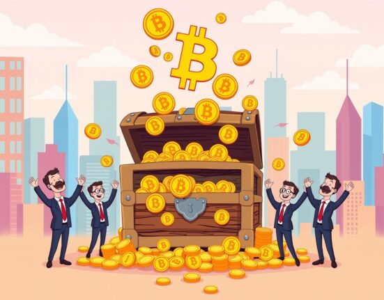 Vibrant cartoon of a corporate crypto treasury as a treasure chest overflowing with Bitcoin in a city.