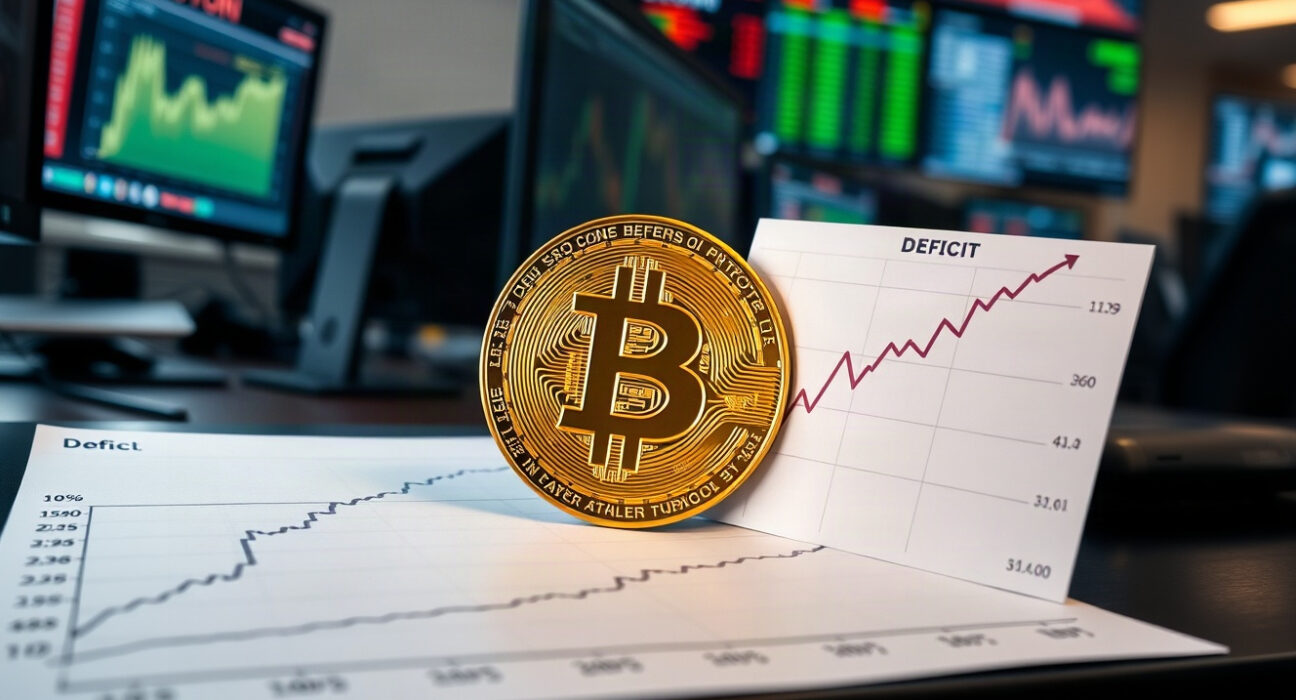 Bitcoin coin next to a chart of U.S. federal deficit, symbolizing fiscal impact on crypto markets.