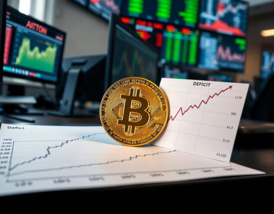 Bitcoin coin next to a chart of U.S. federal deficit, symbolizing fiscal impact on crypto markets.