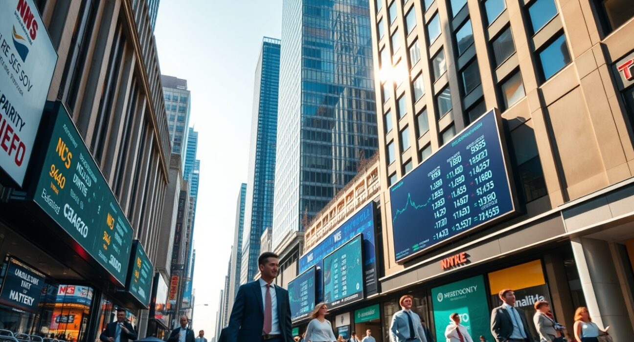 Busy financial district street with electronic tickers and professionals, representing US economic activity and PMI data.