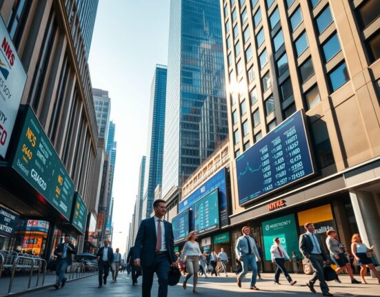 Busy financial district street with electronic tickers and professionals, representing US economic activity and PMI data.