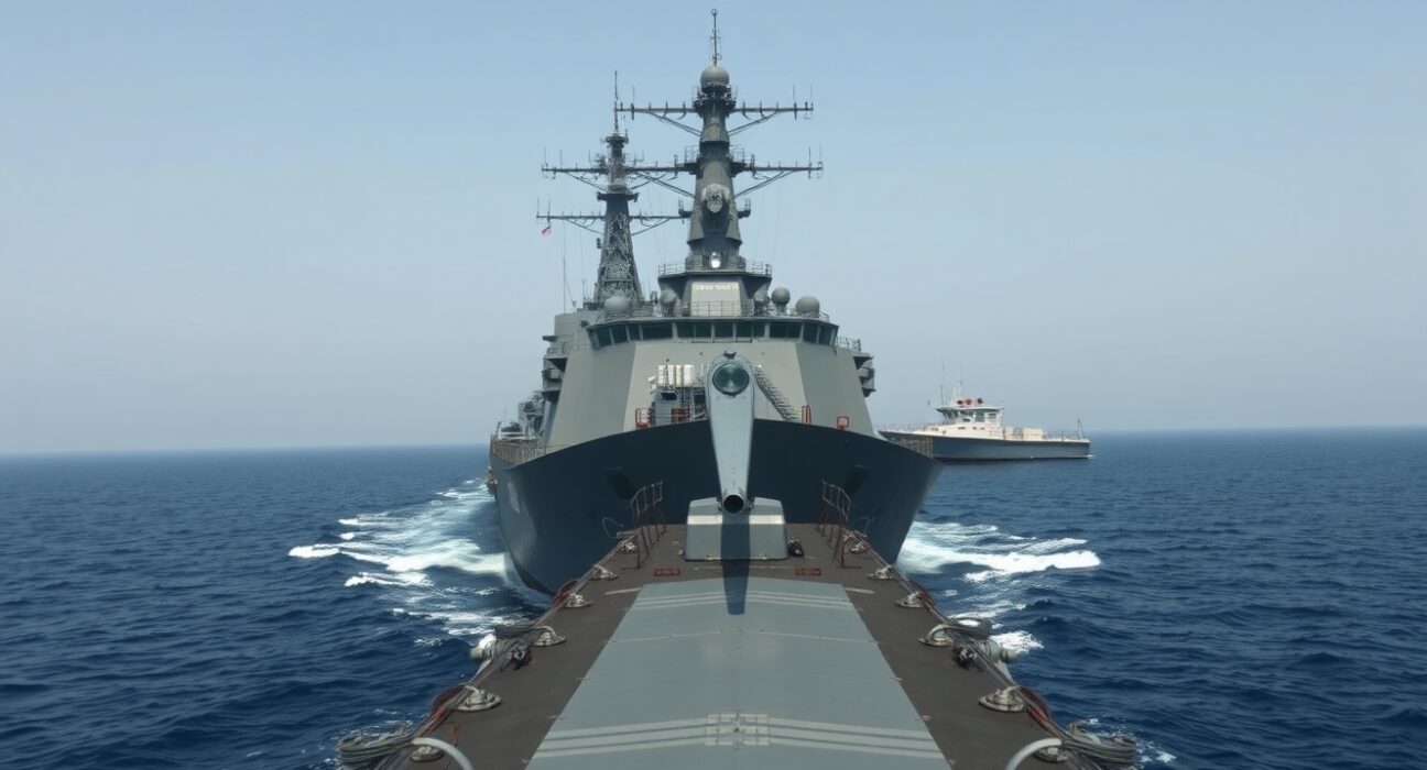 US Navy destroyer on patrol in the Strait of Hormuz following the destruction of Iranian minelayers.