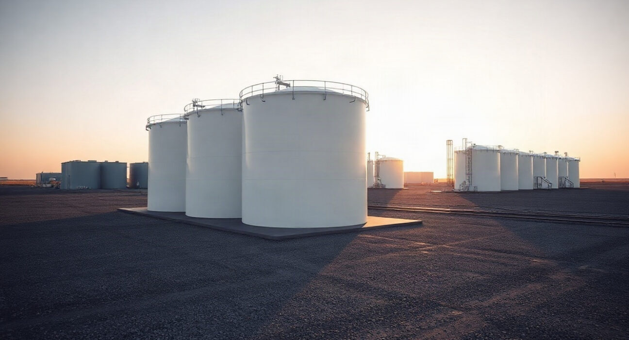 Aerial view of large petroleum storage tanks at a fuel depot, representing US gasoline inventories.