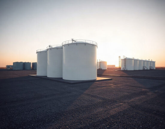 Aerial view of large petroleum storage tanks at a fuel depot, representing US gasoline inventories.