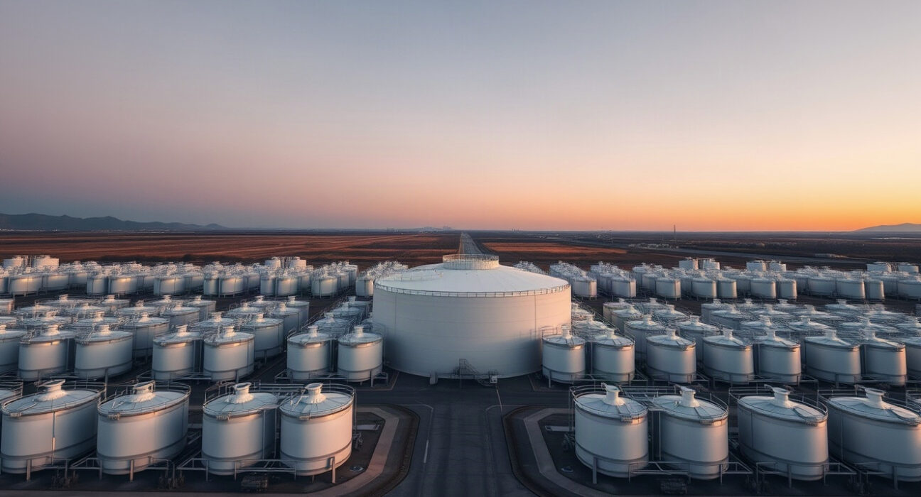 Aerial view of a fuel storage facility with large tanks, representing US gasoline inventories.