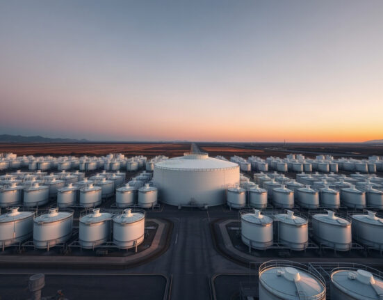 Aerial view of a fuel storage facility with large tanks, representing US gasoline inventories.