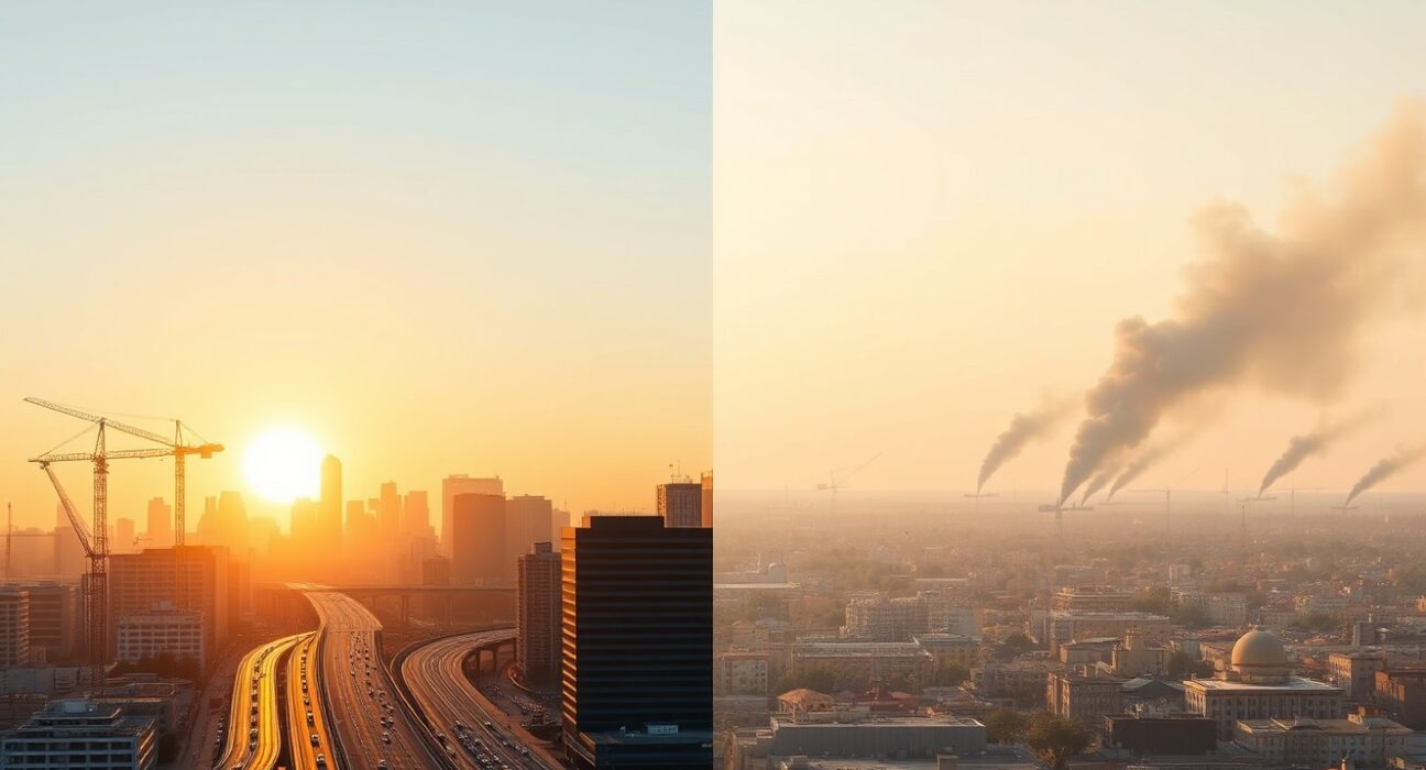 US GDP acceleration in Q1 2025 shows economic resilience despite Iran war conflict, depicted by a thriving city skyline and distant war smoke.