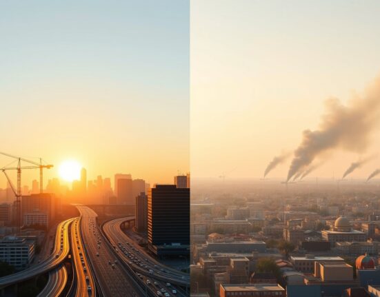 US GDP acceleration in Q1 2025 shows economic resilience despite Iran war conflict, depicted by a thriving city skyline and distant war smoke.