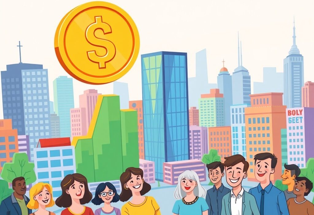 A vibrant cartoon illustrating strong U.S. GDP growth with rising graphs and a prominent dollar coin, symbolizing economic expansion.