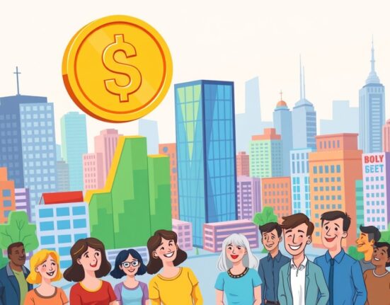 A vibrant cartoon illustrating strong U.S. GDP growth with rising graphs and a prominent dollar coin, symbolizing economic expansion.