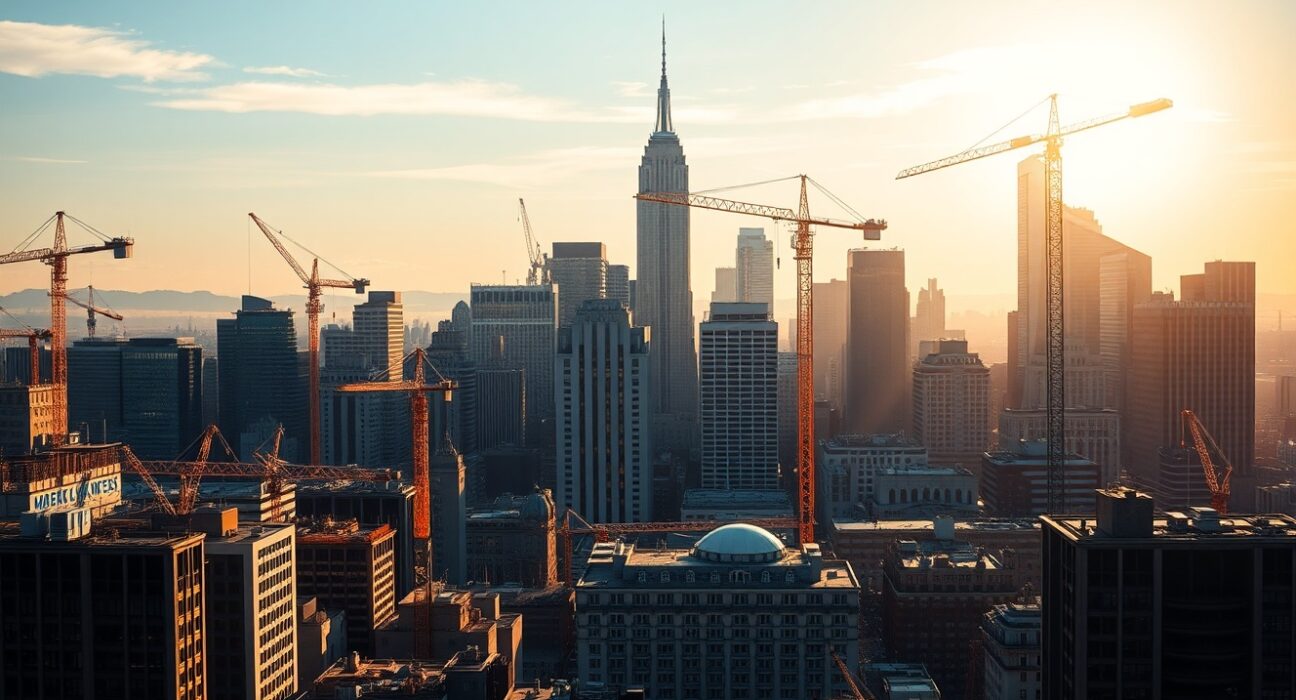 US GDP expected healthy growth economic rebound city skyline dawn