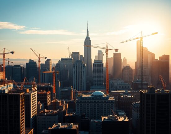 US GDP expected healthy growth economic rebound city skyline dawn