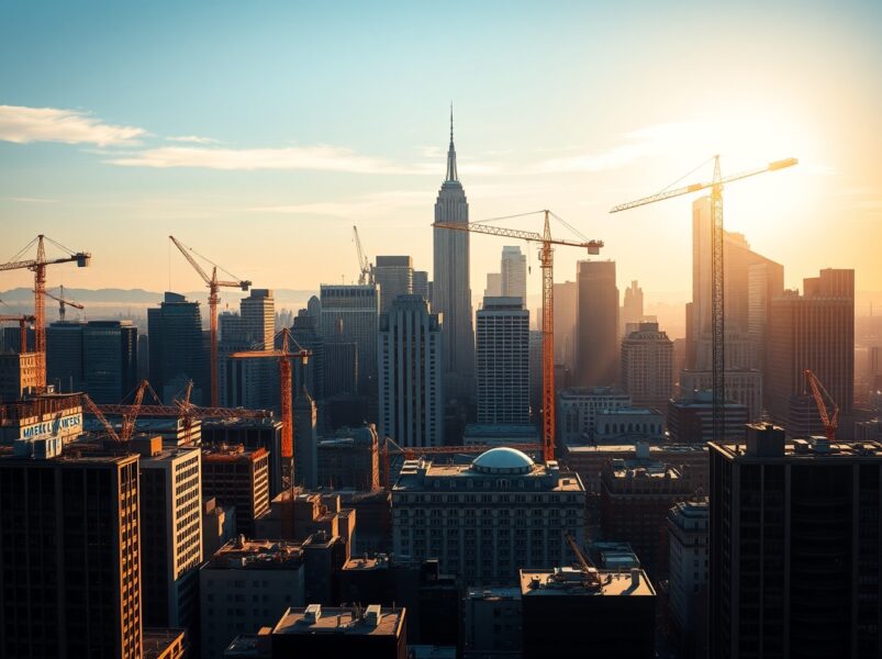 US GDP expected healthy growth economic rebound city skyline dawn